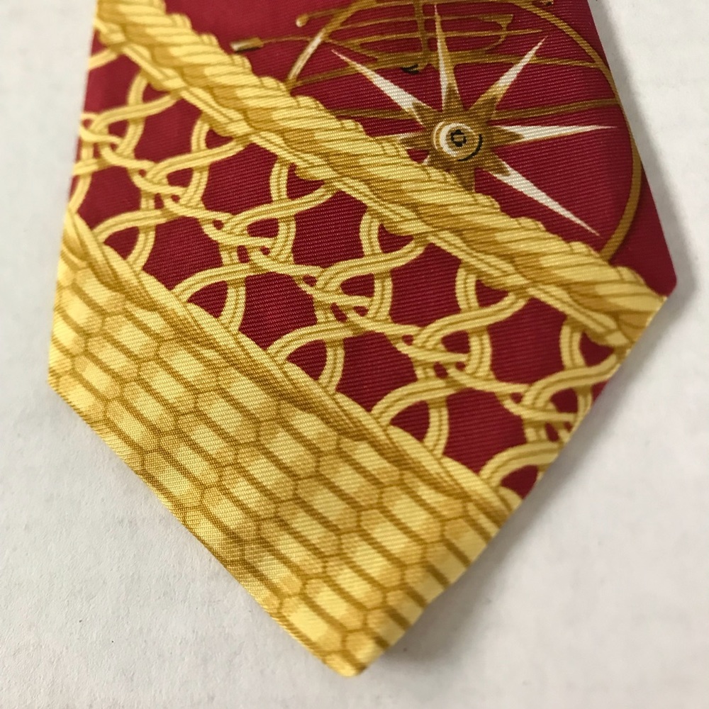 HERMÈS Tie Rare Silk Horse Carriage People Bicycle Chain Red Yellow - Picture 14 of 16